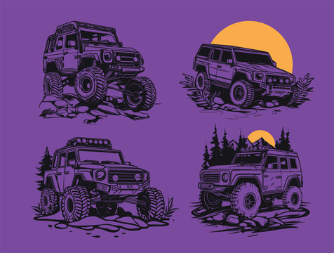 4x4 offroad vehicle vector collection illustration with set of SUVs, rock crawlers, giant tires, retro sun and purple background