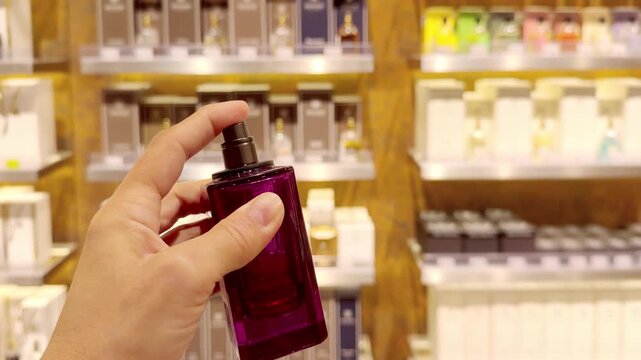 Perfume and Eau de Toilette Bottles on Display in Cosmetics Store &ndash; Fragrance Products on Shelf with Blurred Perfume Background