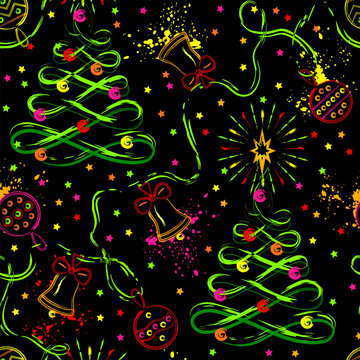Seamless pattern with Christmas tree, garland with baubles, bells, spray paint splatters, scattered stars. Outline illustrations of Christmas decorations in grunge style. Vivid neon colors.