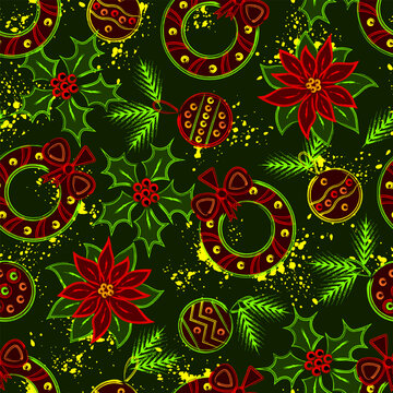 Fluorescent seamless pattern with outline Christmas icons. Randomly scattered holiday symbols, paint splatters on dark background. Grunge, graffiti like style.