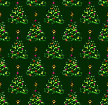 Seamless pattern with Christmas tree painted like crossed loops with grunge contour line in vibrant neon colors. Colorful baubles on tree. Geometric alternating arrangement. New year, Christmas design