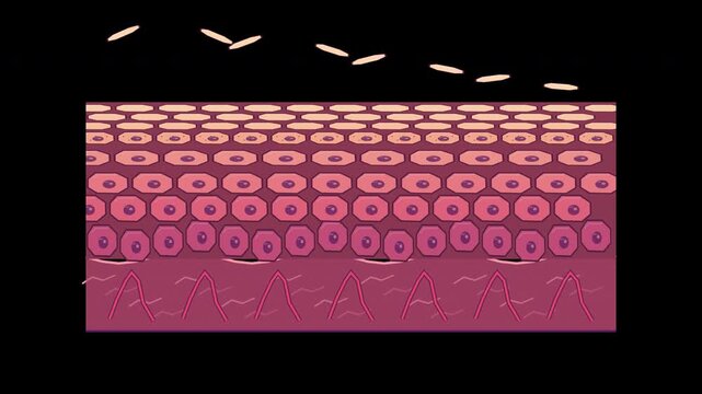 Layered skin cross section with flattened surface cells shedding on transparent background