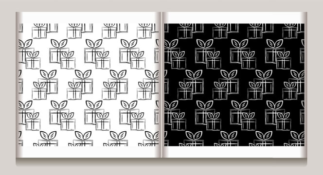 Seamless black and white pattern with pair of gift boxes. Geometric alternating, staggered arrangement of icons. Grunge graffiti like style. Simple minimalist holiday design