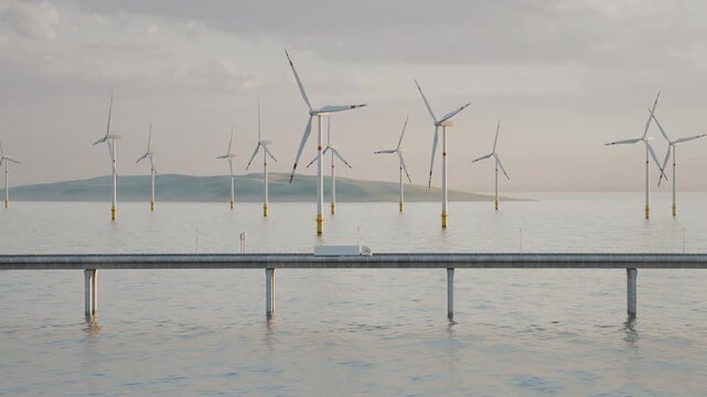 A slow telephoto pan moves across a long bridge over water and an offshore wind farm as a distant white semi truck drives beneath the towering turbines.