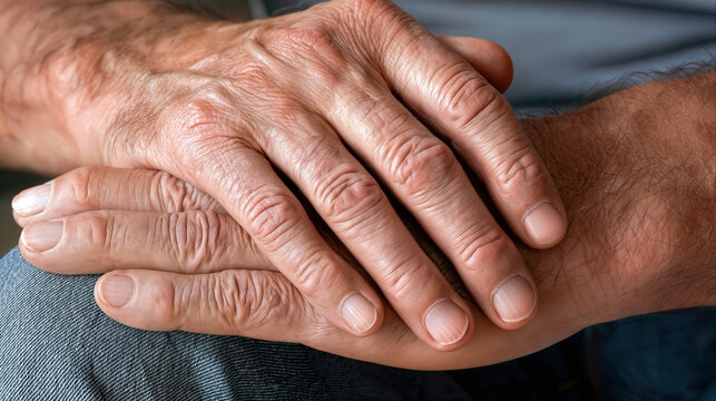 Weathered hands resting quietly, bearing the visible history of lifetime labor, endurance, and growing older