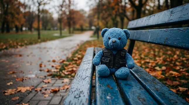 A solitary blue teddy bear wearing a tactical vest sitting alone on a weathered wooden park bench during autumn
