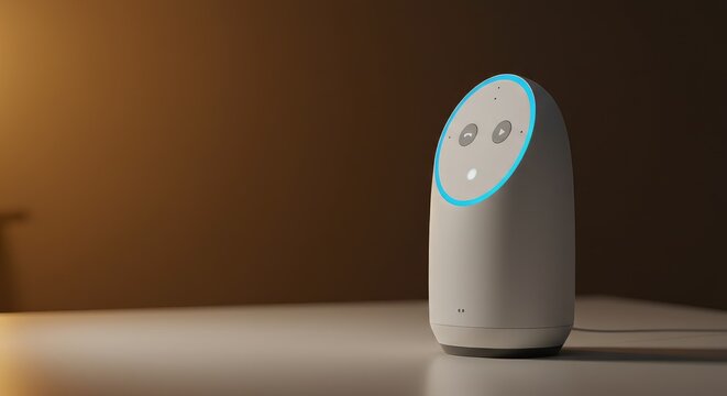 Sleek smart speaker with glowing eyes on modern minimalist surface in soft ambient lighting