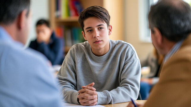Student confronting serious academic guidance during counseling meeting with educators in modern classroom setting