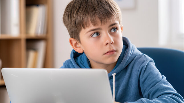 Curiosity and contemplation driving online education as a young boy looks away thoughtfully while studying on a laptop in a classroom