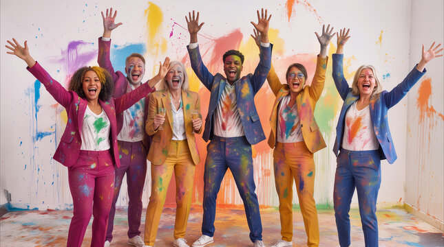 Creative rebellion disrupting corporate formality as joyful business colleagues in colorful paint-splattered suits celebrate freedom against a white studio wall