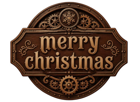 Steampunk merry christmas wooden sign with gears and snowflake