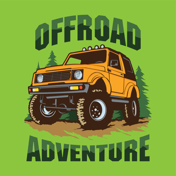 Offroad adventure vector illustration with 4x4 SUV, yellow car, pine trees, typography and green background