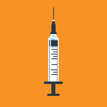 Medical syringe vector illustration with vaccination needle, measurement scale and orange background