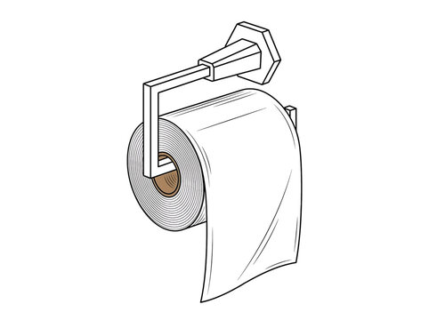 Toilet paper roll on a modern wall mounted holder, bathroom accessory sketch, hand drawn vector illustration line art
