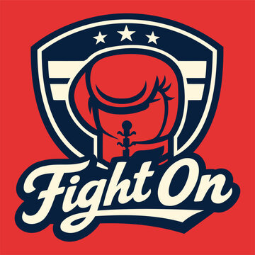 Fight On boxing glove vector illustration with sports badge, shield, stars, retro typography and red background