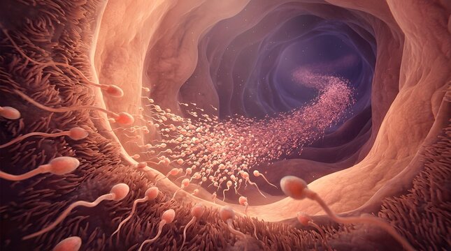 Swarm of sperm cells swimming through fallopian tube toward fertilization 3D render