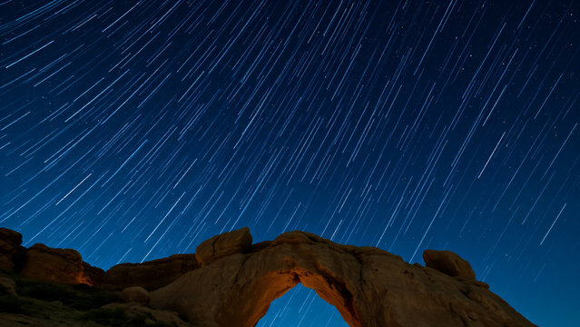 Meteor Shower and Star Trails Night Sky over Natural Rock Arch in Desert Landscape