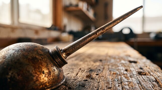 Vintage oil can pouring spout on wooden workbench in a workshop  