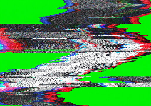VHS tape noise distortion effect with colorful glitch art on green
