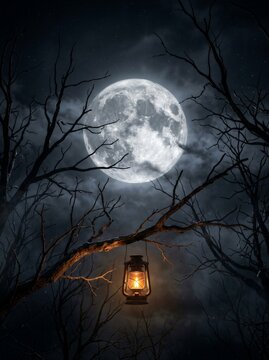 Glowing lantern hanging from bare tree branch under large full moon. Dark leafless forest at night with stars and clouds. Halloween background with spooky atmosphere.