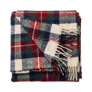 Folded Plaid Wool Blanket with Fringes Isolated on Transparent Background PNG