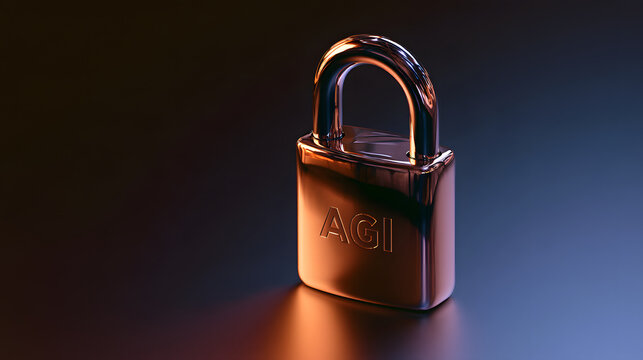 Glossy metallic padlock with AGI text for artificial Generalist inteligence concept with copy space