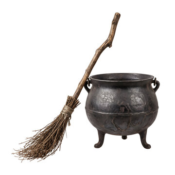 Halloween Witchcraft Black Iron Pot and Wooden Twig Broom Isolated on Transparent Background, PNG Cutout