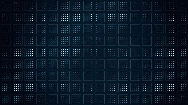 Dark Technology Background Featuring Animated Glowing Grid Pattern Of Blue Pulsing Light Points Within Geometric Square Cells Designed For Modern Digital Presentations And Virtual Interface Motion Gra