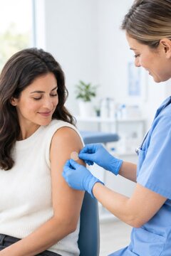 Nurse placing an adhesive bandage on a patients arm in a clinic. Healthcare professional caring for a patient after vaccination. Medical treatment and preventive care.