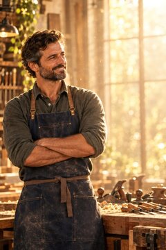 Smiling craftsman standing with crossed arms in woodworking shop. Skilled woodworker at workbench. Carpentry and artisan craftsmanship. Small business and creative trade.
