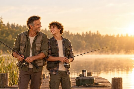 Adult and teenage boy fishing together from a lakeside dock at sunset. Family bonding through outdoor recreation. Angling hobby and fatherhood concept. Copy space for lifestyle advertising.