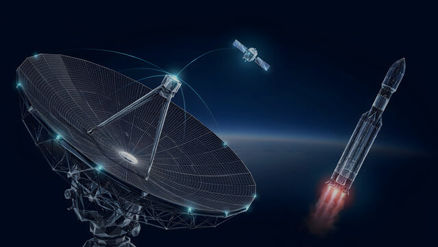 Space communication satellite and rocket launch with dish antenna