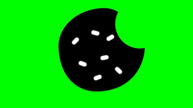 Simple black cookie icon with white sprinkles on green background.