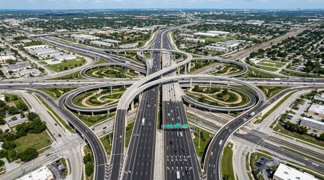 An aerial photograph showcases a complex highway interchange in a suburban area. The interchange features a large cloverleaf design with multiple lanes of traffic flowing around a central hub.