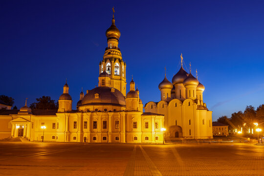 Two ancient cathedrals on Kremlin Square on an August night. Vologda, Russia