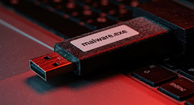 USB flash drive with malware alert label plugged into sleek laptop keyboard