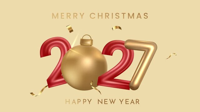 Golden 2027 New Year and Christmas Celebration with Festive Ornament and Elegant Holiday 4K Motion Graphics Animation