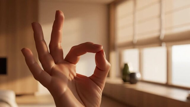 Hand forming an ok sign in a peaceful, natural-lit room setting, symbolising agreement and satisfaction