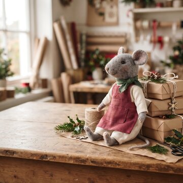 A handmade felt mouse doll wearing a red apron sits on a wooden table with Christmas gifts.