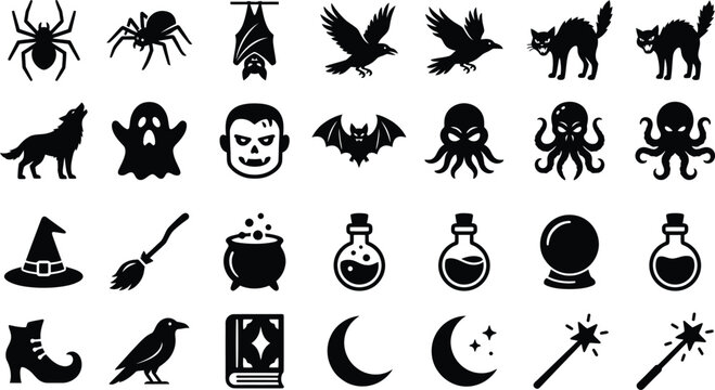 Halloween Icon Set Featuring Spooky Creatures, Witchcraft Symbols, and Magical Objects in Flat Vector Style