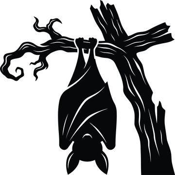 Bat hanging from a tree branch silhouette, black and white vector illustration for Halloween graphic design