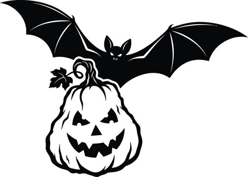 Halloween Jack-o-lantern Pumpkin and Flying Bat Silhouette Vector Illustration Isolated on White Background