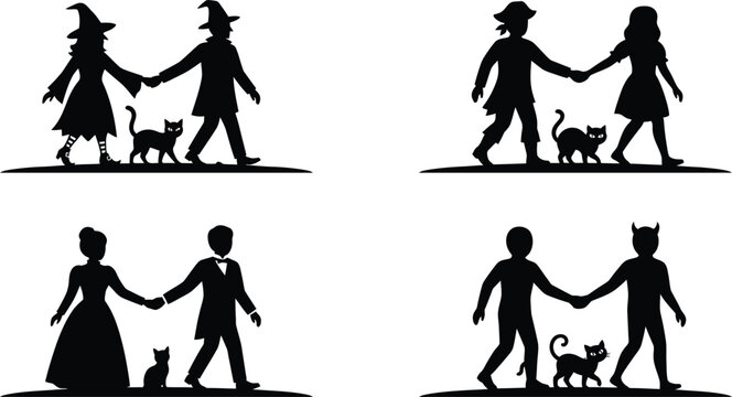 Halloween costume silhouettes set with witch, pirate, devil, and cat characters on white background for holiday party graphics