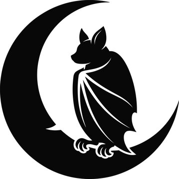 Bat sitting on crescent moon silhouette, minimalist black and white vector illustration for Halloween graphic design
