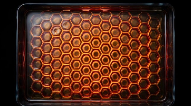 Golden raw honey frame in hexagonal comb pattern, amber sweet bee honey texture close up, organic natural comb background for food packaging