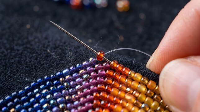Handmade beadwork with colorful glass beads, intricate bead embroidery craft, artisan sewing seed beads on black fabric background