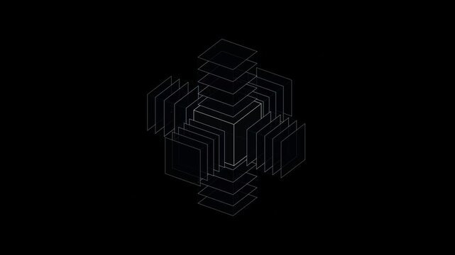 Minimalist 3D Motion Graphic Featuring Rotating Geometric Cube Structure With Expanding Wireframe Pl
