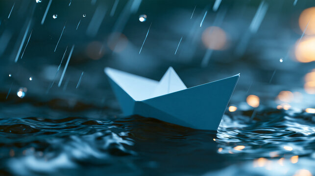 Paper ship in a storm, perseverance and risk concept, with copy space