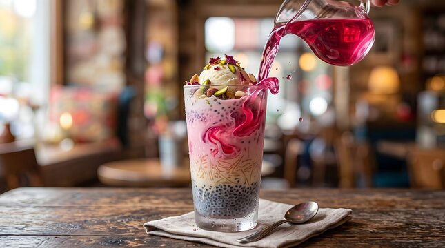 Delicious falooda dessert drink with ice cream, pouring pink rose syrup in rustic cafe setting