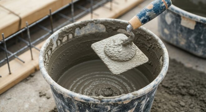 Close-up of concrete bucket with trowel inside, construction materials in the background